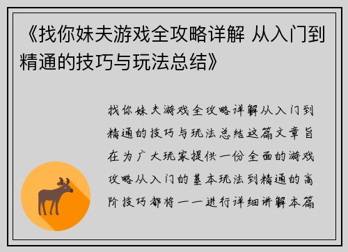 《找你妹夫游戏全攻略详解 从入门到精通的技巧与玩法总结》