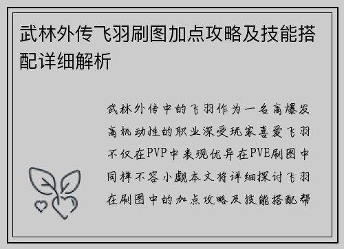 武林外传飞羽刷图加点攻略及技能搭配详细解析